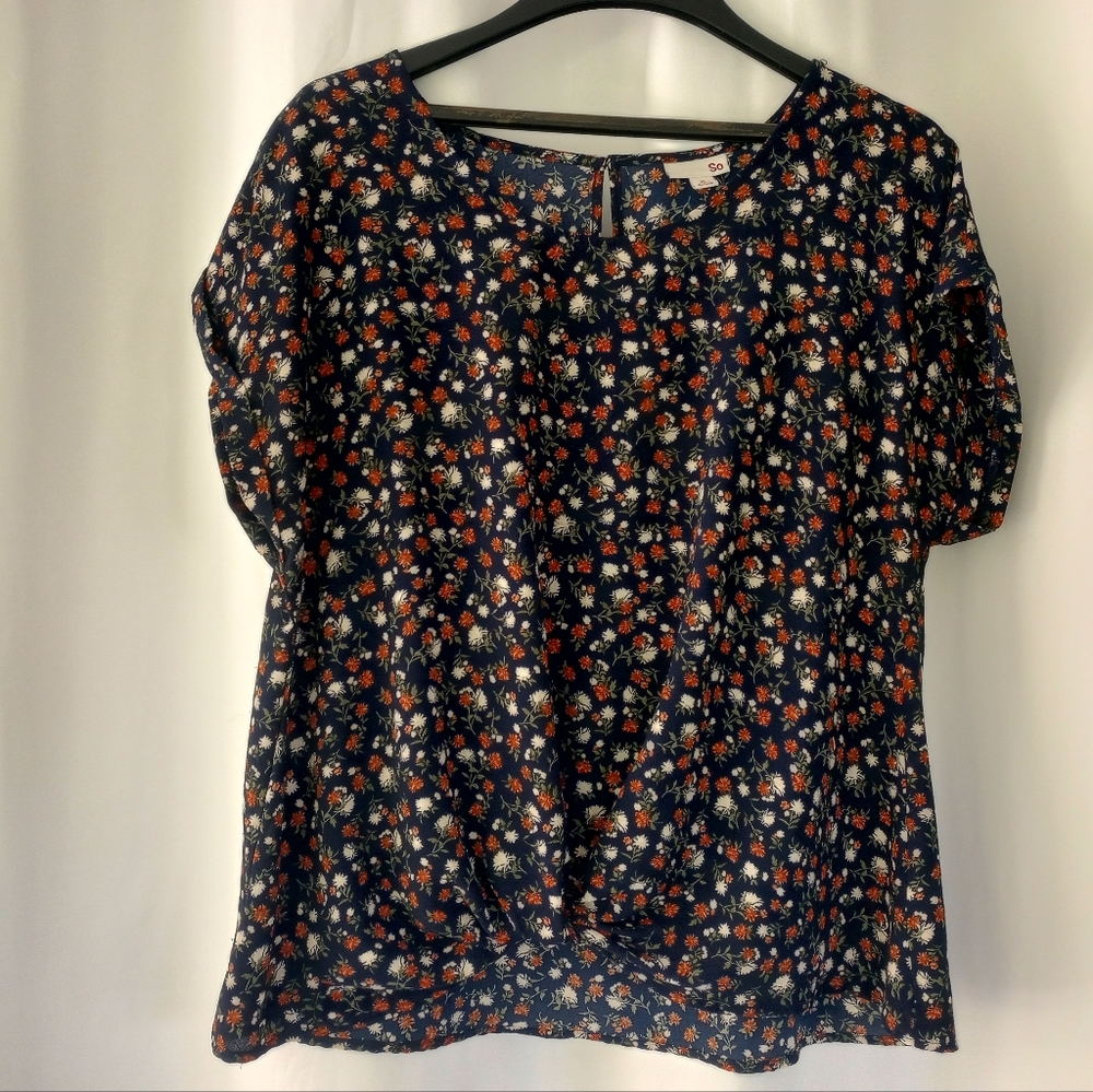 Petite Floral On Navy Blue Cap Sleeve Blouse Relaxed Fit Size XL